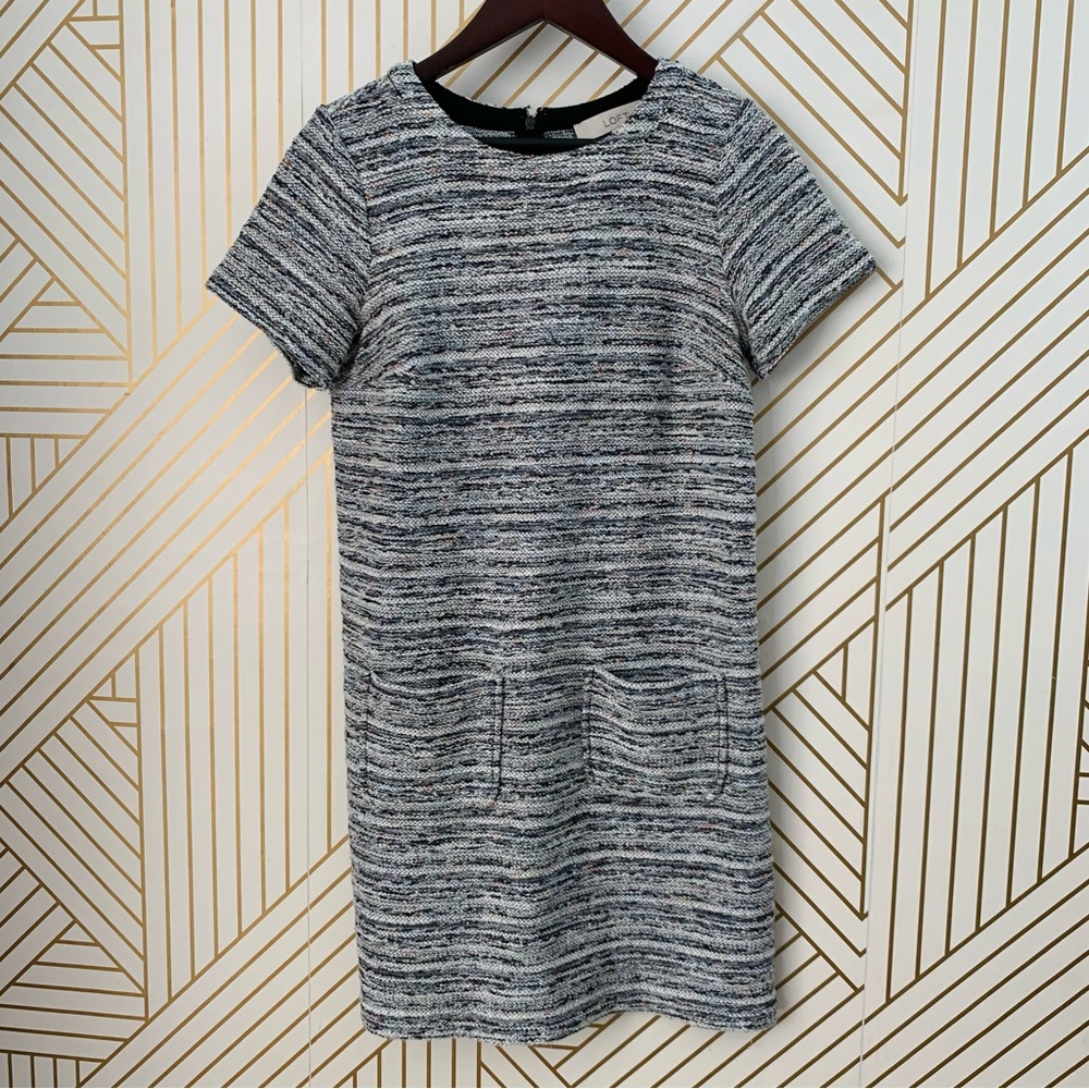 LOFT tweed boucle striped multicolor pockets short sleeves dress XSP XS petite